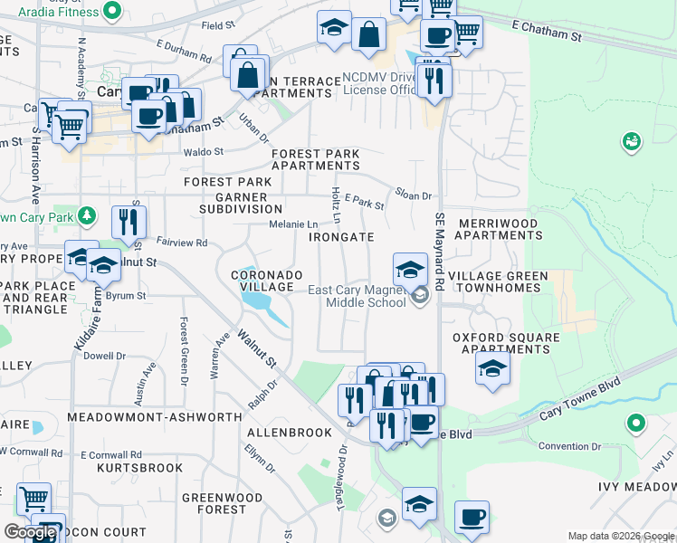 map of restaurants, bars, coffee shops, grocery stores, and more near 111 Mayodan Drive in Cary
