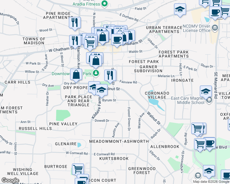 map of restaurants, bars, coffee shops, grocery stores, and more near 370 South Walker Street in Cary