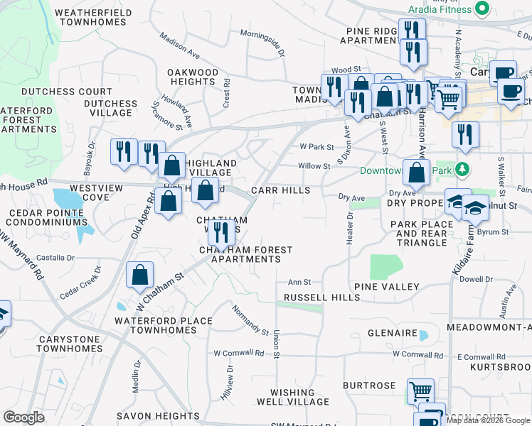 map of restaurants, bars, coffee shops, grocery stores, and more near in Cary