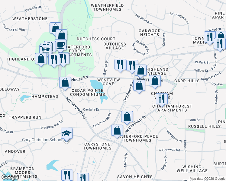 map of restaurants, bars, coffee shops, grocery stores, and more near 111 Gold Meadow Drive in Cary
