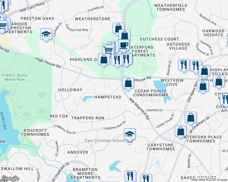 map of restaurants, bars, coffee shops, grocery stores, and more near 100 Haverstock Court in Cary