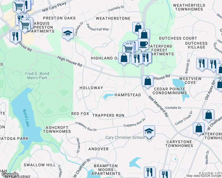 map of restaurants, bars, coffee shops, grocery stores, and more near 413 Byrams Ford Drive in Cary