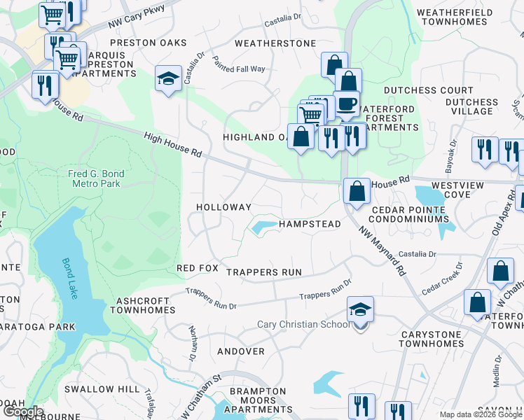 map of restaurants, bars, coffee shops, grocery stores, and more near 413 Byrams Ford Drive in Cary