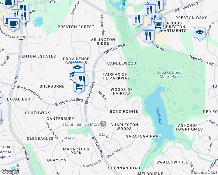 map of restaurants, bars, coffee shops, grocery stores, and more near 300 Fairfax Lane in Cary