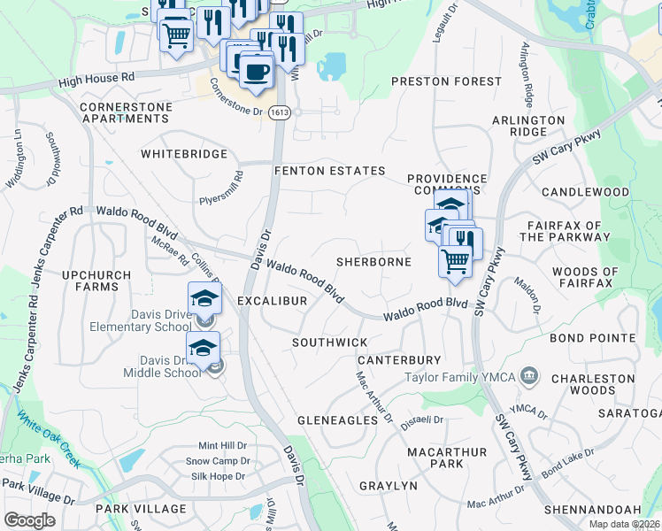 map of restaurants, bars, coffee shops, grocery stores, and more near 109 Bradwyck Drive in Cary