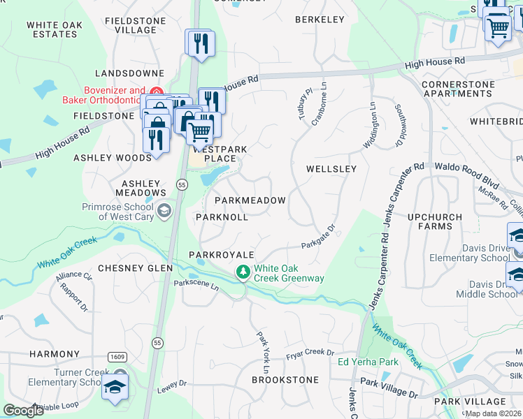 map of restaurants, bars, coffee shops, grocery stores, and more near 111 Parkmist Circle in Cary