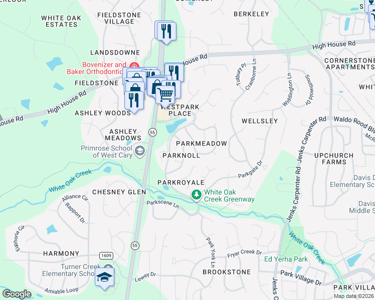 map of restaurants, bars, coffee shops, grocery stores, and more near 203 Parkknoll Lane in Cary