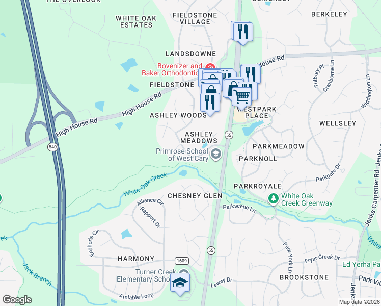 map of restaurants, bars, coffee shops, grocery stores, and more near 217 Caniff Lane in Cary