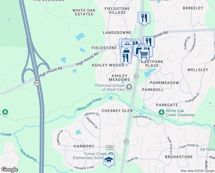 map of restaurants, bars, coffee shops, grocery stores, and more near 102 Bowers Lane in Cary