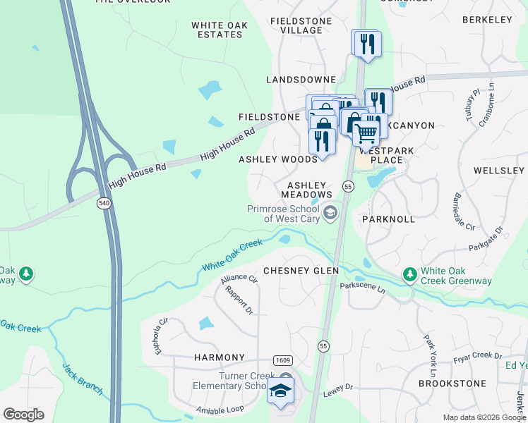 map of restaurants, bars, coffee shops, grocery stores, and more near 102 Bowers Lane in Cary