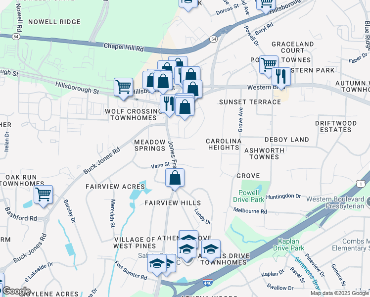 map of restaurants, bars, coffee shops, grocery stores, and more near 4816 Blue Bird Court in Raleigh