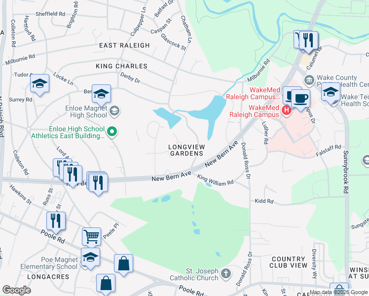 map of restaurants, bars, coffee shops, grocery stores, and more near 115 Longview Lake Drive in Raleigh