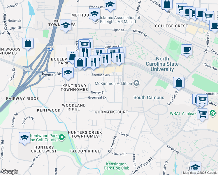 map of restaurants, bars, coffee shops, grocery stores, and more near 1130 Carlton Avenue in Raleigh