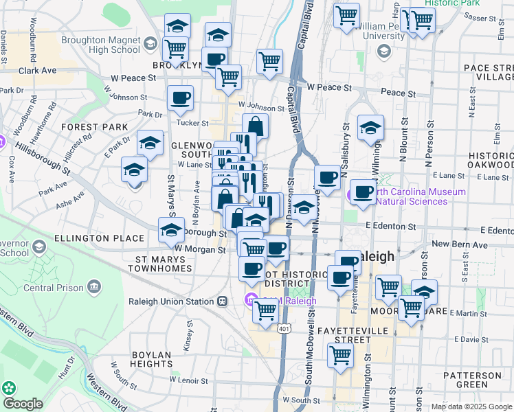 map of restaurants, bars, coffee shops, grocery stores, and more near 125 North Harrington Street in Raleigh