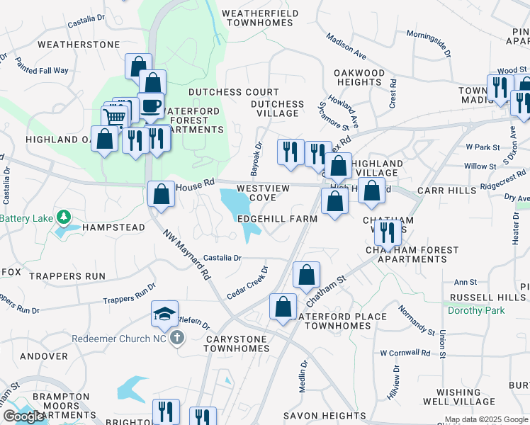 map of restaurants, bars, coffee shops, grocery stores, and more near 117 Gold Meadow Drive in Cary