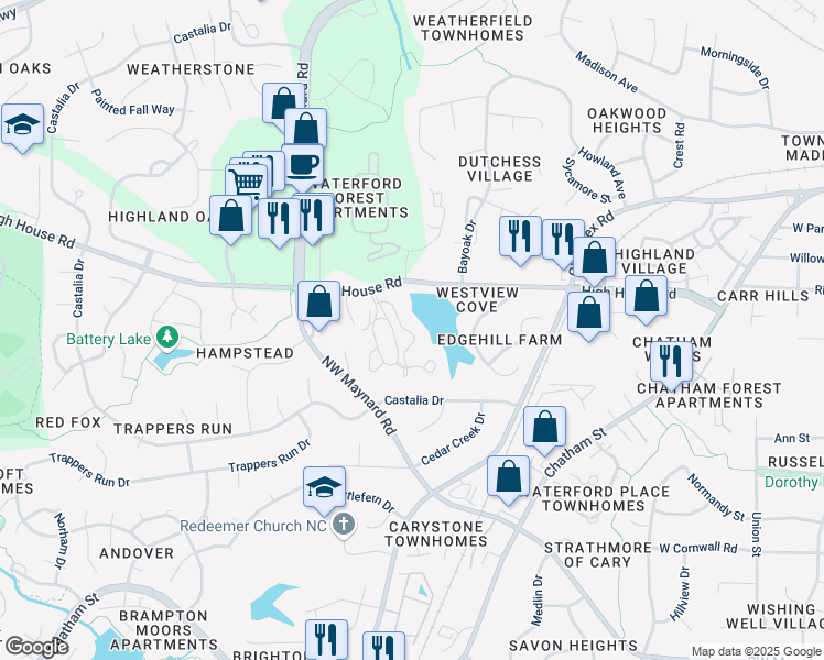 map of restaurants, bars, coffee shops, grocery stores, and more near 510 Springfork Drive in Cary