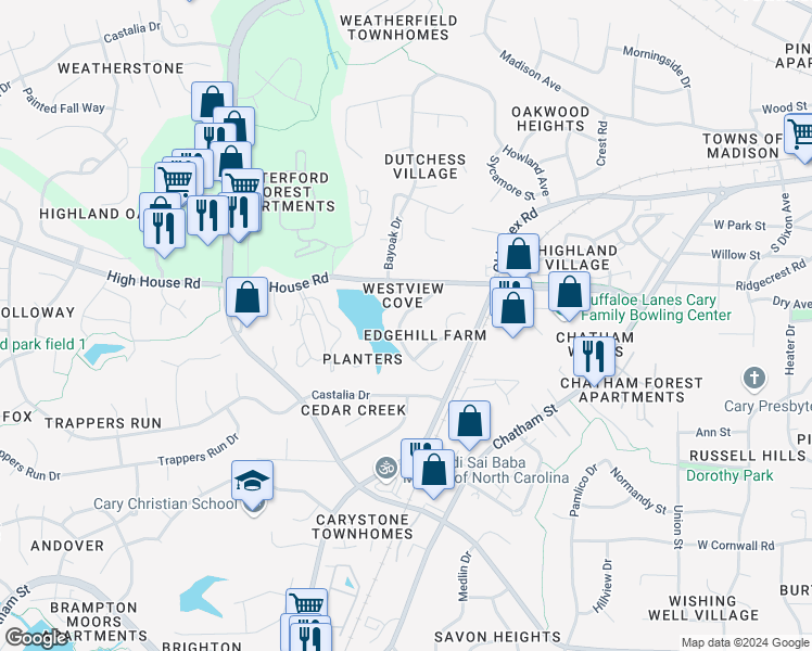 map of restaurants, bars, coffee shops, grocery stores, and more near 117 Gold Meadow Drive in Cary