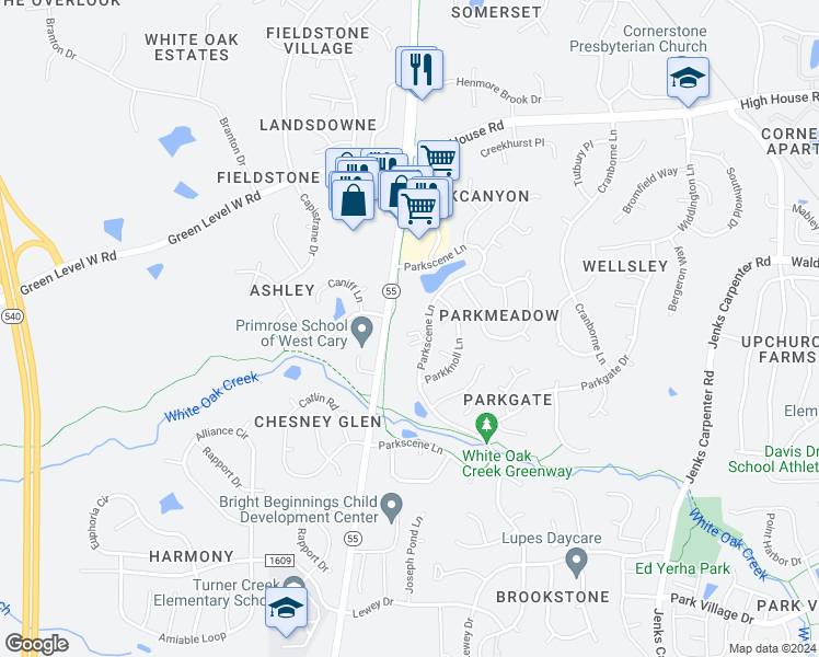 map of restaurants, bars, coffee shops, grocery stores, and more near 106 Park Oaks Court in Cary