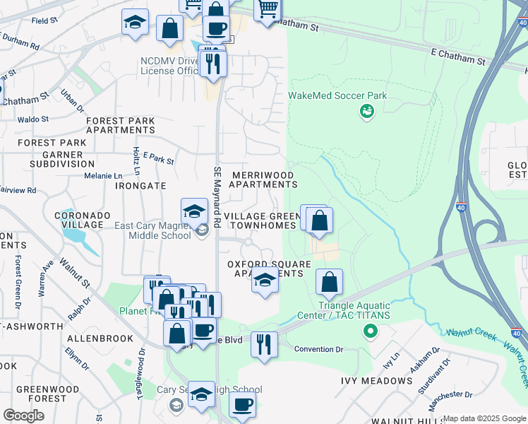 map of restaurants, bars, coffee shops, grocery stores, and more near 919 Lexington Court in Cary