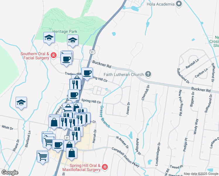 map of restaurants, bars, coffee shops, grocery stores, and more near 212 Mary Ann Circle in Spring Hill