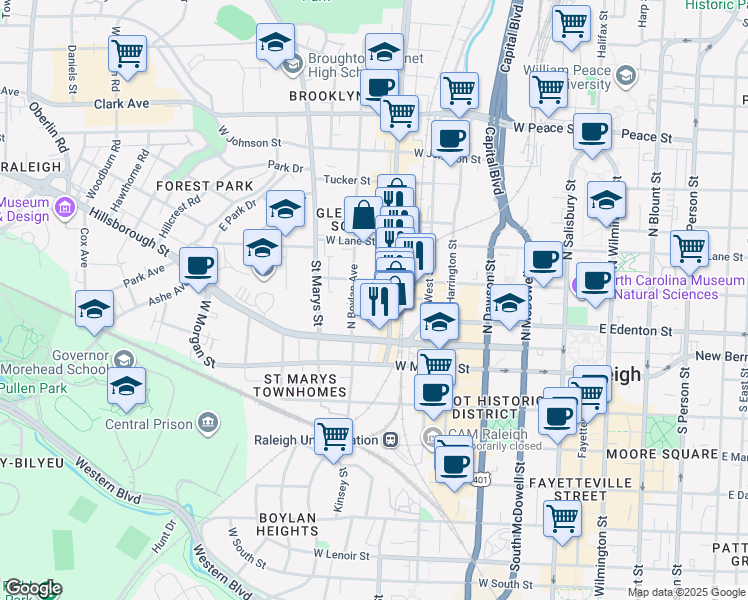map of restaurants, bars, coffee shops, grocery stores, and more near 617 West Jones Street in Raleigh