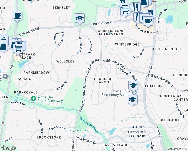 map of restaurants, bars, coffee shops, grocery stores, and more near 2020 Roland Glen Road in Cary