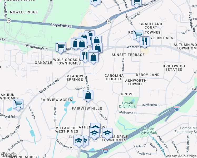 map of restaurants, bars, coffee shops, grocery stores, and more near 4816 Blue Bird Court in Raleigh