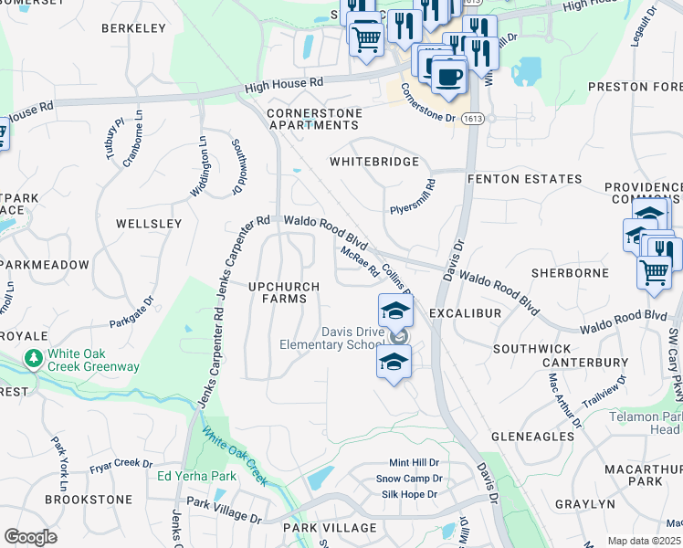 map of restaurants, bars, coffee shops, grocery stores, and more near 206 Firth Glen Drive in Cary