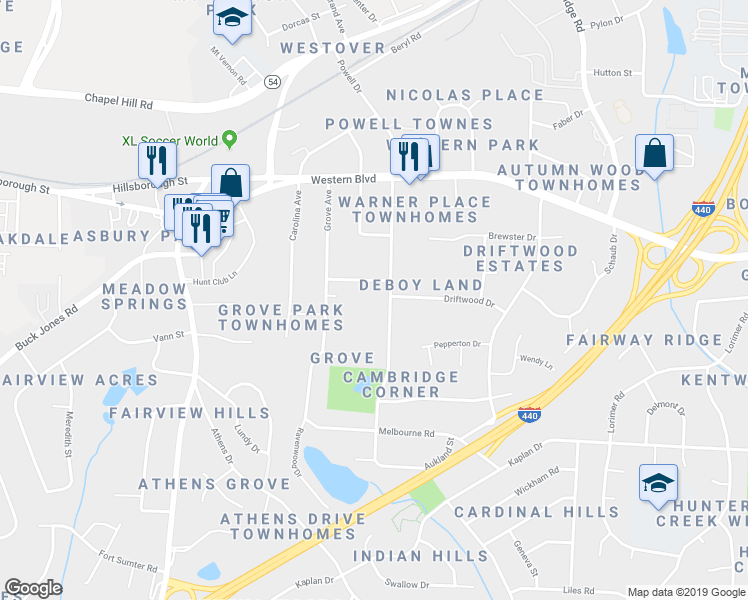 map of restaurants, bars, coffee shops, grocery stores, and more near 6307 Linville Drive in Raleigh