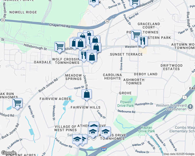 map of restaurants, bars, coffee shops, grocery stores, and more near 4816 Blue Bird Court in Raleigh