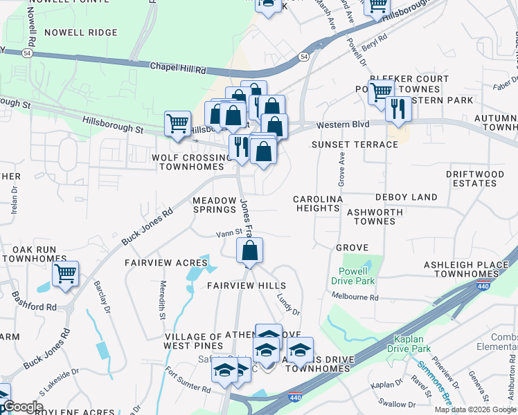 map of restaurants, bars, coffee shops, grocery stores, and more near 4816 Blue Bird Court in Raleigh