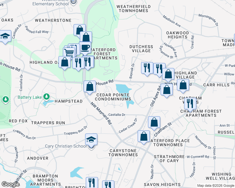 map of restaurants, bars, coffee shops, grocery stores, and more near 530 Springfork Drive in Cary
