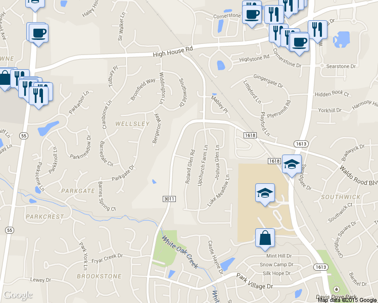 map of restaurants, bars, coffee shops, grocery stores, and more near 1524 Jenks Carpenter Road in Cary