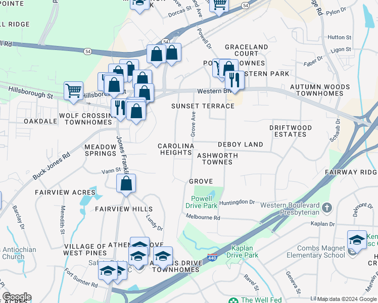 map of restaurants, bars, coffee shops, grocery stores, and more near 708 Grove Avenue in Raleigh