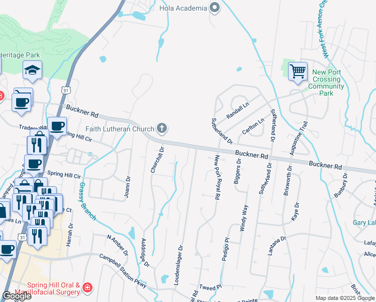 map of restaurants, bars, coffee shops, grocery stores, and more near 103 Cashmere Drive in Thompson's Station