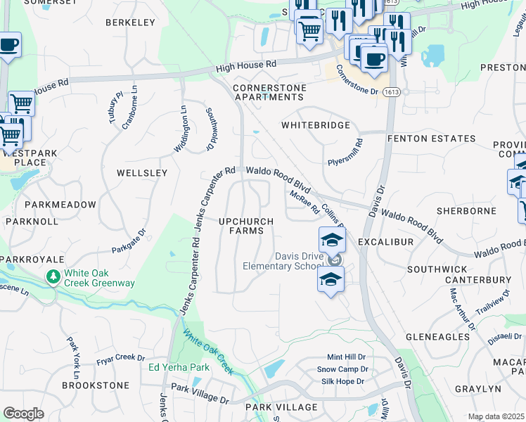 map of restaurants, bars, coffee shops, grocery stores, and more near 167 Hilda Grace Lane in Cary