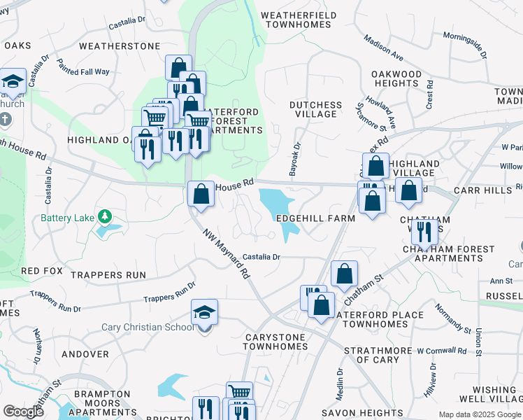 map of restaurants, bars, coffee shops, grocery stores, and more near 510 Springfork Drive in Cary