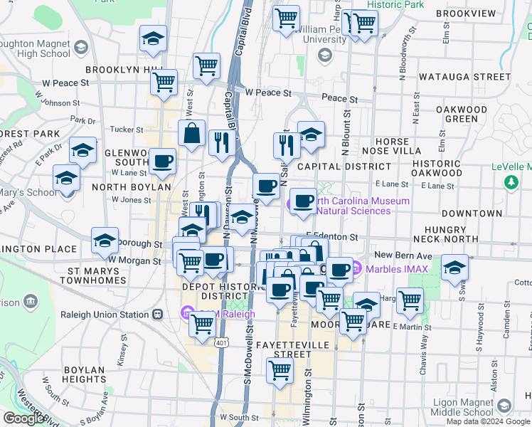 map of restaurants, bars, coffee shops, grocery stores, and more near 121 West Jones Street in Raleigh