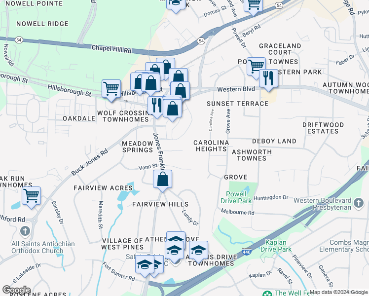 map of restaurants, bars, coffee shops, grocery stores, and more near 149 Jones Franklin Road in Raleigh
