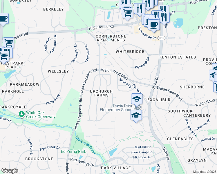 map of restaurants, bars, coffee shops, grocery stores, and more near 167 Hilda Grace Lane in Cary