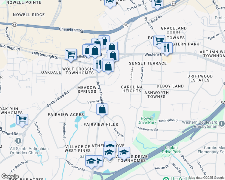 map of restaurants, bars, coffee shops, grocery stores, and more near 4816 Bluebird Court in Raleigh