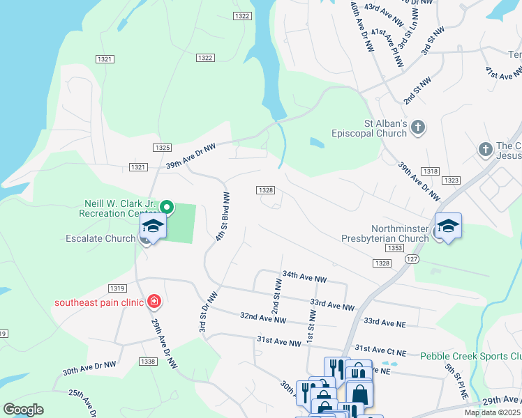 map of restaurants, bars, coffee shops, grocery stores, and more near 241 36th Avenue Circle Northwest in Hickory