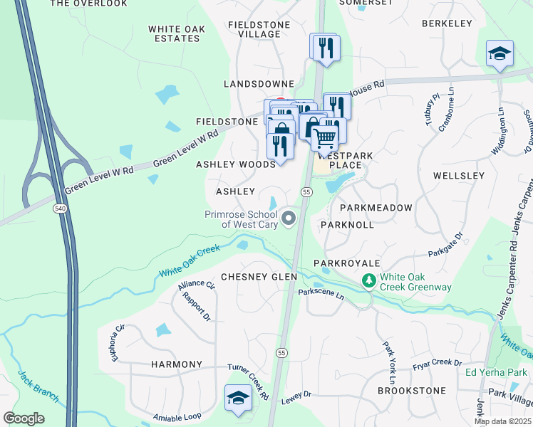 map of restaurants, bars, coffee shops, grocery stores, and more near 217 Caniff Lane in Cary