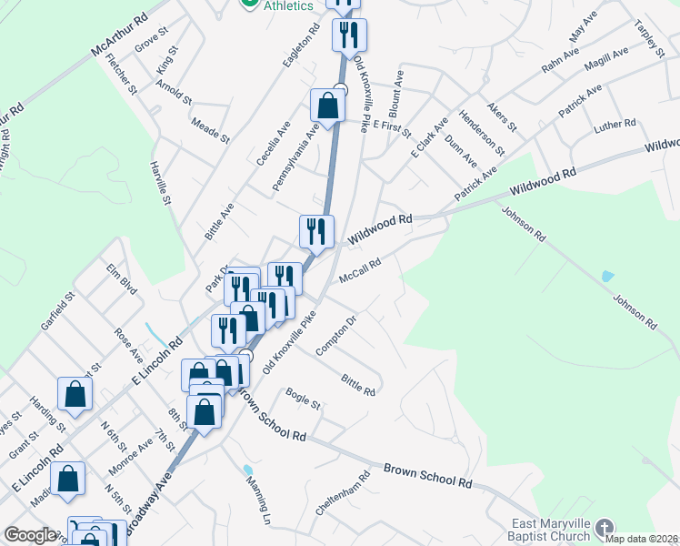 map of restaurants, bars, coffee shops, grocery stores, and more near 2200 East Broadway Avenue in Maryville