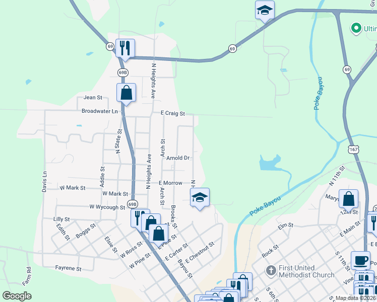 map of restaurants, bars, coffee shops, grocery stores, and more near 1725 North Hill Street in Batesville