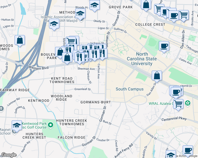 map of restaurants, bars, coffee shops, grocery stores, and more near 1123 Carlton Avenue in Raleigh