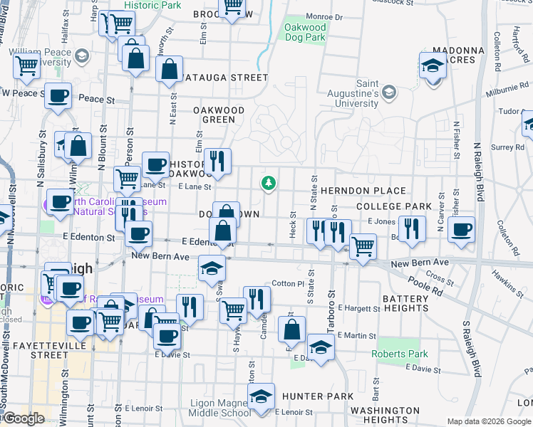 map of restaurants, bars, coffee shops, grocery stores, and more near 220 Seawell Avenue in Raleigh