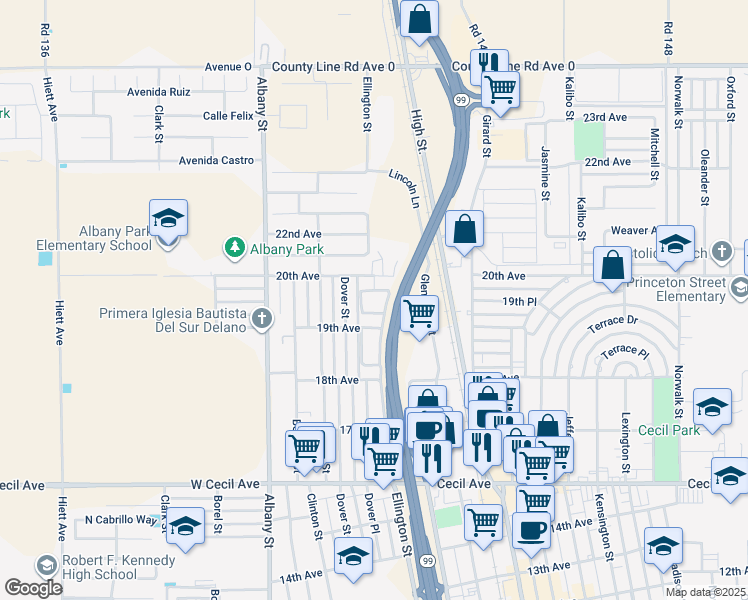 map of restaurants, bars, coffee shops, grocery stores, and more near 1930 Dover Street in Delano