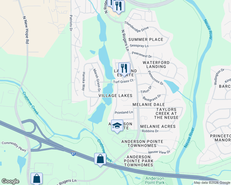 map of restaurants, bars, coffee shops, grocery stores, and more near 5210 Turf Grass Court in Raleigh