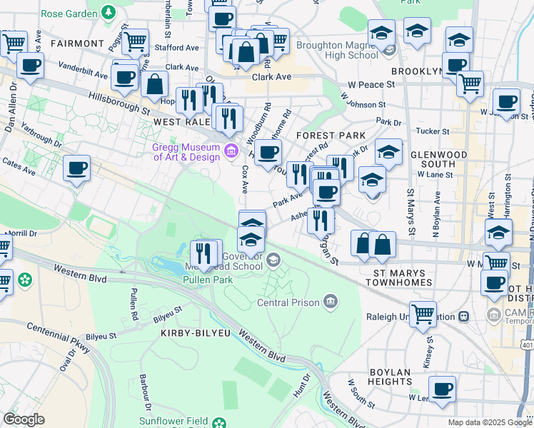 map of restaurants, bars, coffee shops, grocery stores, and more near 211 Park Avenue in Raleigh